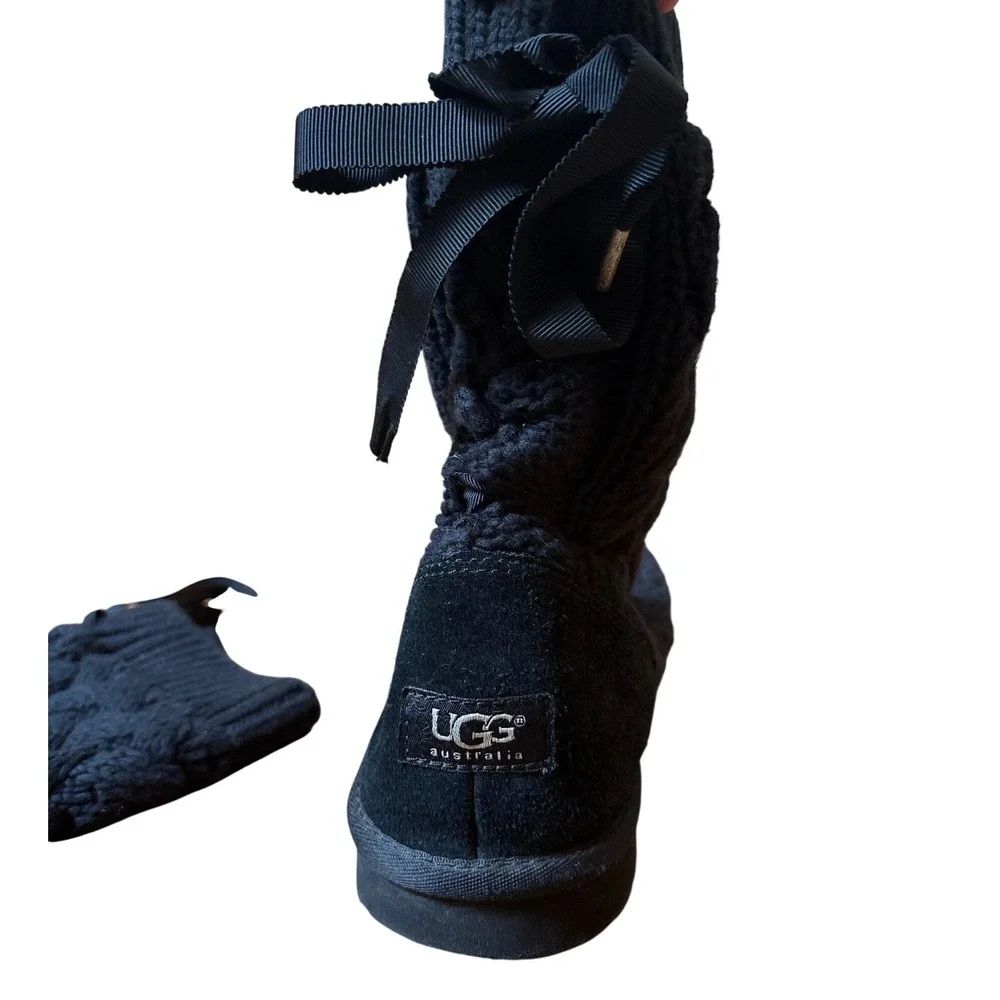 UGG Australia Cable Knit Boots Women Black Ribbon Bow Back SIZE 9